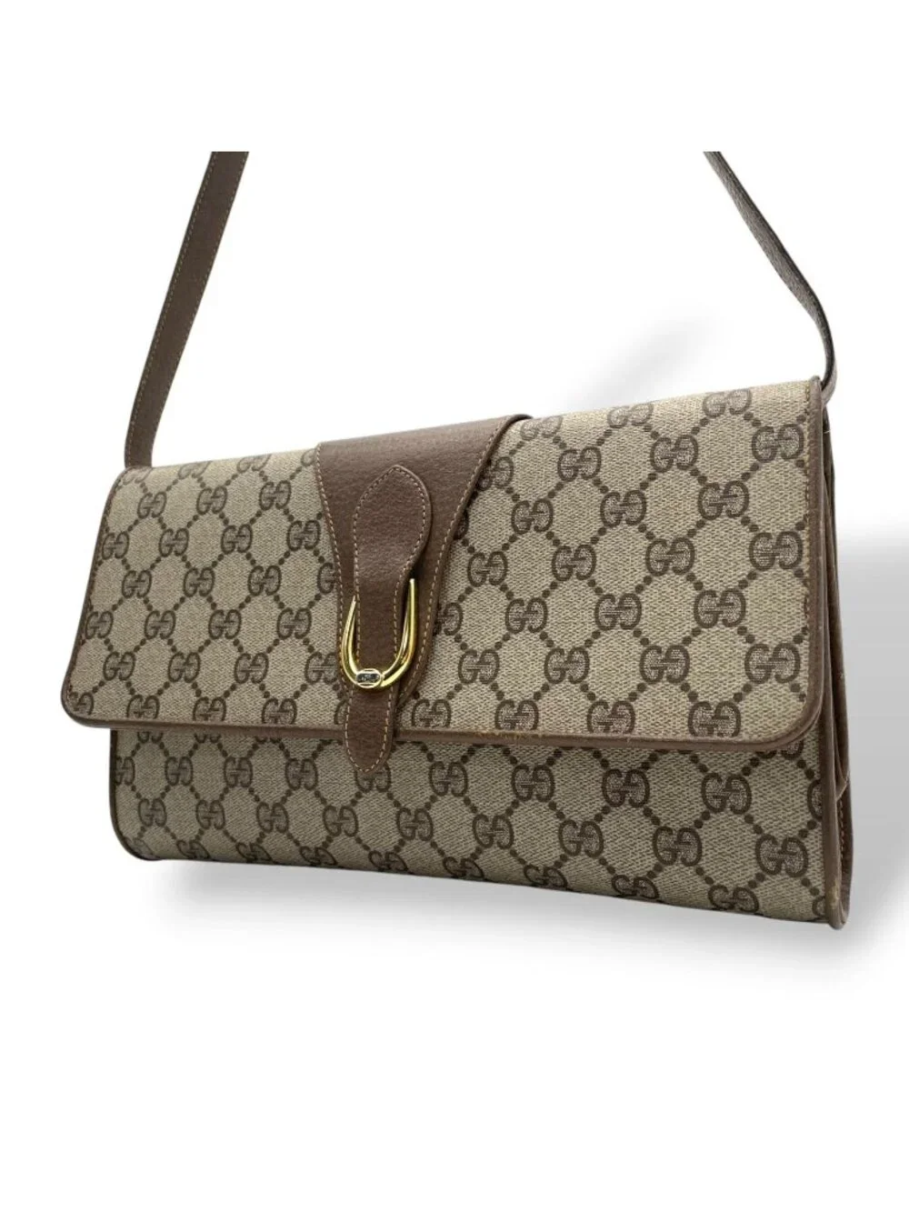 Gucci Shoulder Bag Crossbody Vintage GG Plus Leather Gray Brown Gold Simple